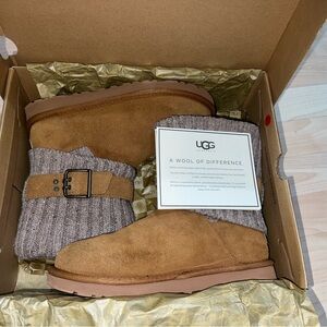 UGG Tan Suede Boots with Knit Cuff